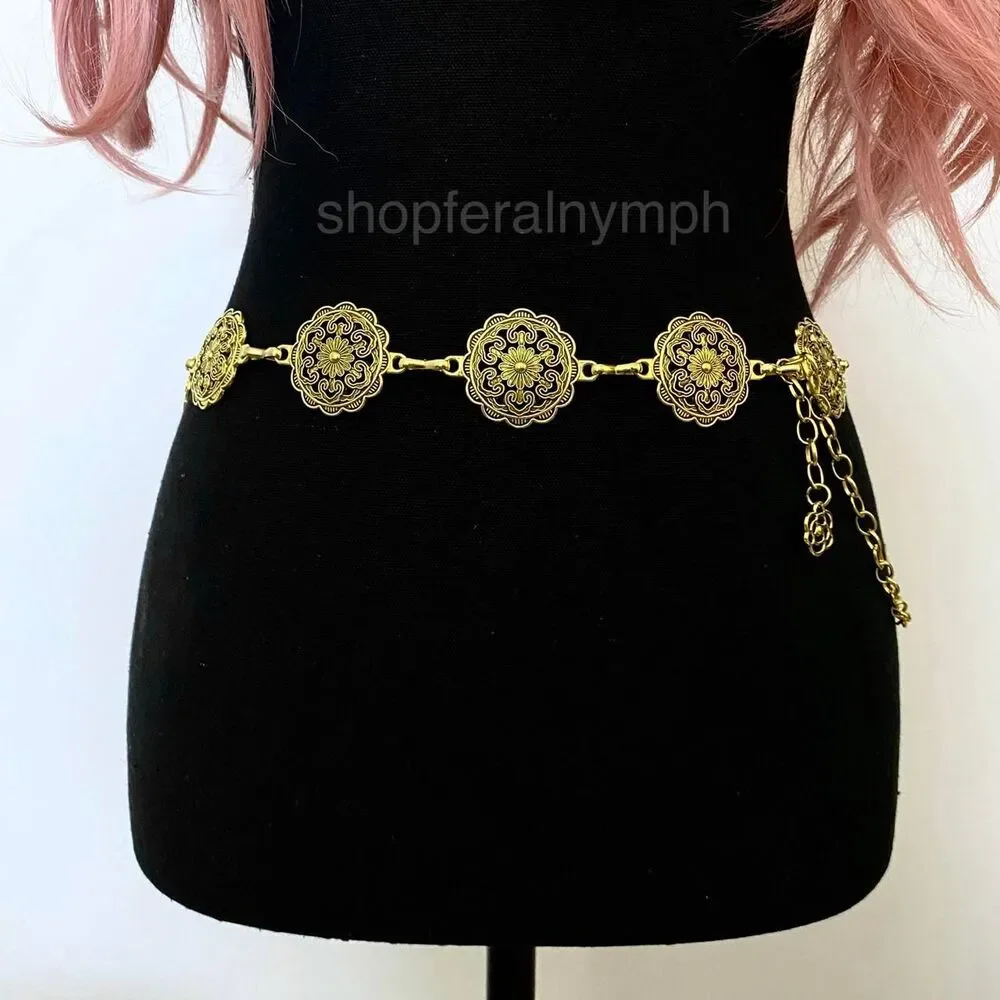 Gold Y2K Floral Mandala Boho Chain Belt, Fits 22.5-41.5 Inches, X7GA1281